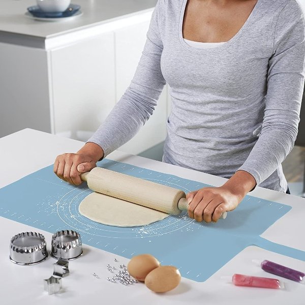 Roll-Up Non-Slip Silicone Pastry Mat with Measurements Lockable Strap 23" x 15", Blue