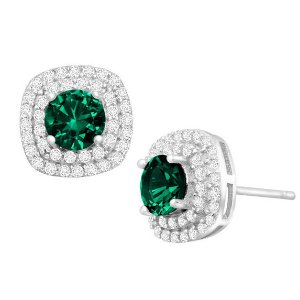 2 1/8 ct Emerald & Cubic Zirconia Halo Stud Earrings