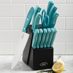Oster Evansville 14 Piece Cutlery Set, Stainless Steel with Turquoise Handles