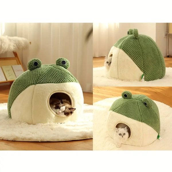 1pc Small Frog Shaped Cat Nest, Warm Semi-enclosed Pet Nest Autumn Cat House