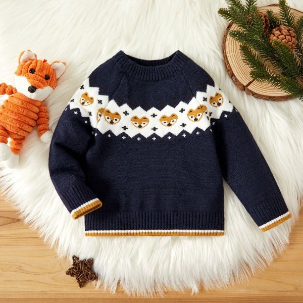 Cartoon Fox Pattern Dark Blue Baby Long-sleeve Knitted Sweater Pullover
