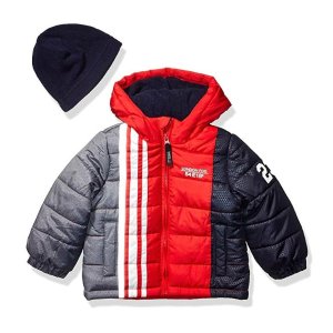 LONDON FOG Baby Boys' Color Blocked Puffer Jacket Coat with Hat