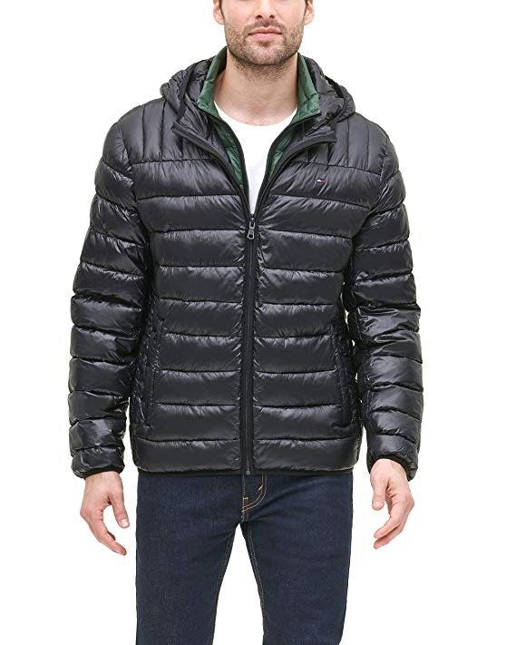Men's Insulated Packable Jacket With Contrast Bib and Hood