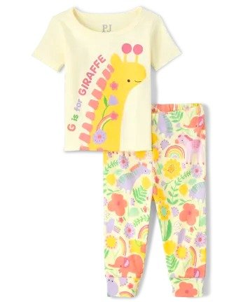 Baby And Toddler Girls Short Sleeve G Is For Giraffe Snug Fit Cotton Pajamas | The Children's Place - LEMON DROP