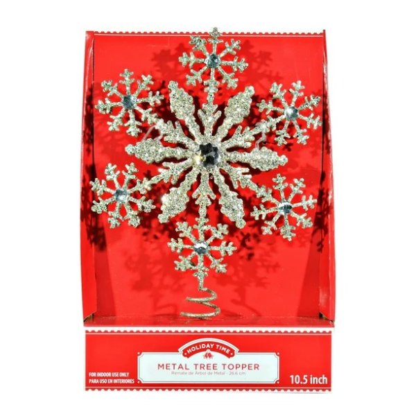 Holiday Time Glitter Snowflake Christmas Tree Topper, Gold, 10.5"
