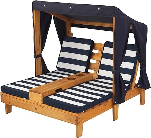 Wooden Outdoor Double Chaise Lounge with Cup Holders, Kid's Patio Furniture, Honey with Navy and White Striped Fabric, Gift for Ages 3-8