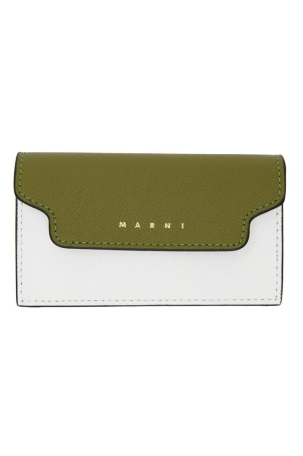 Green & White Saffiano Leather Card Holder