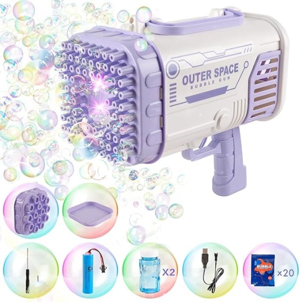 Bubble Machine Gun 80 Holes with Lights,Bubble Solution,14 Holes Replacement Head for Kids Toddlers, Twinkle Star Bubble Maker Summer Toys Gift for Outdoor Indoor Birthday Wedding Party (Purple)