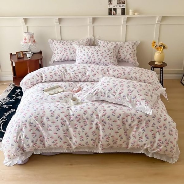 BuLuTu Floral Duvet Cover Queen for Women Girls Teens 100% Cotton Pink Purple Flower Print on White Duvet Cover Set 3 Pieces Bedding Set - 1 Queen Comforter Cover and 2 Pillowcases, Ruffle Lace Trims