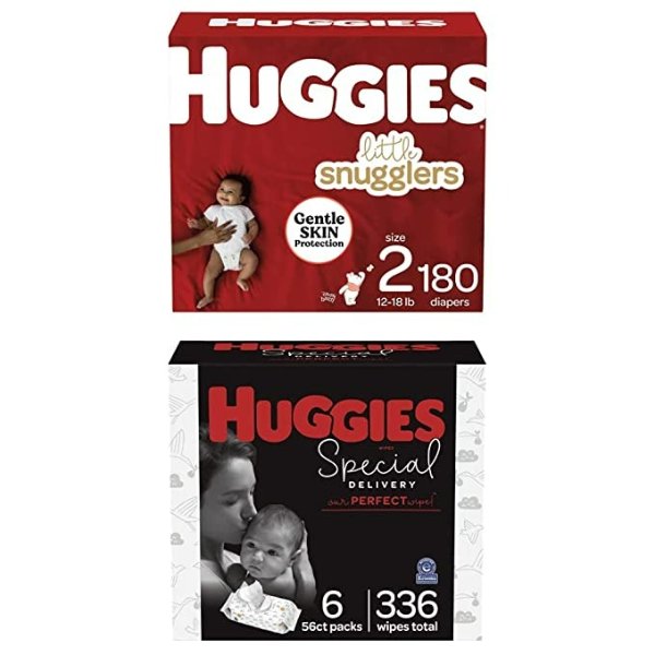 Baby Diapers and Wipes Bundle: Huggies Little Snugglers Diapers Size 2, 180ct & Special Delivery Baby Diaper Wipes, Unscented, 6 Push Button Packs (336 Wipes Total)