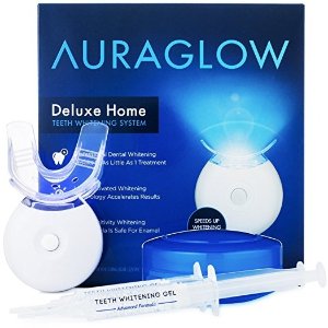 AuraGlow Teeth Whitening Kit LED Light 35% Carbamide Peroxide 5ml Gel Syringes Tray and Case