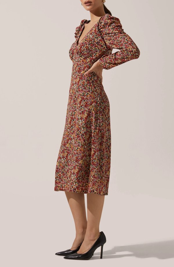 Floral Ruched Long Sleeve Midi Dress