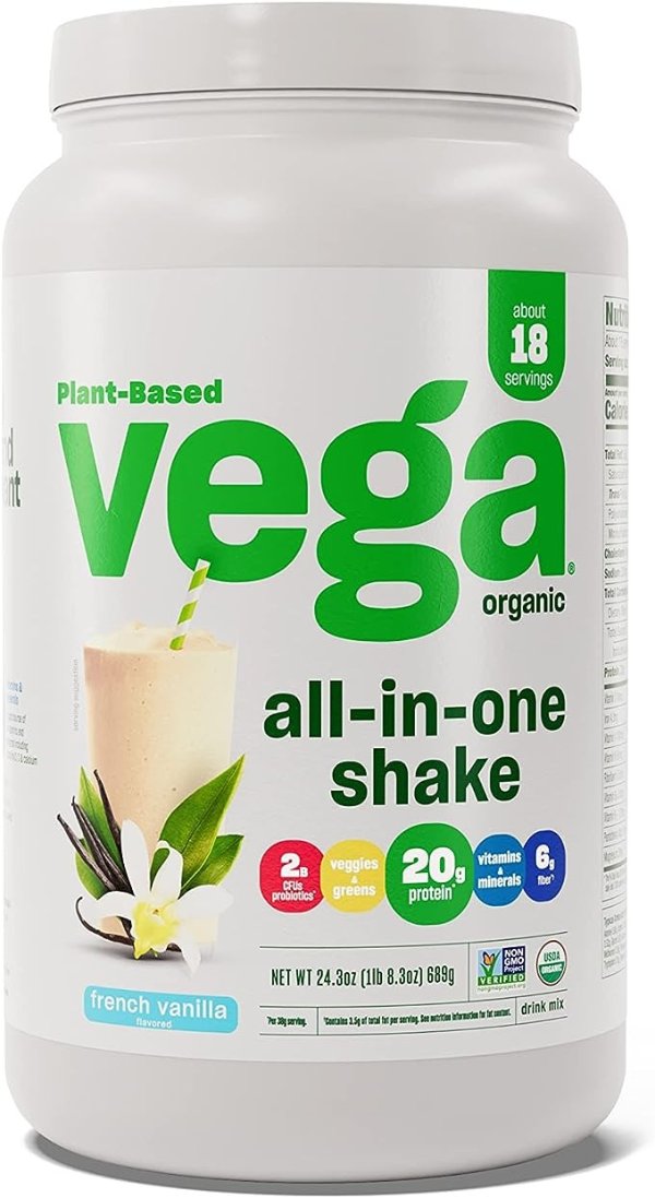 Vega One Organic All-in-One Shake French Vanilla (18 Servings, 1.5 lb) - Plant Based Vegan Protein Powder, Non Dairy, Gluten Free, Non GMO,24.3 Oz