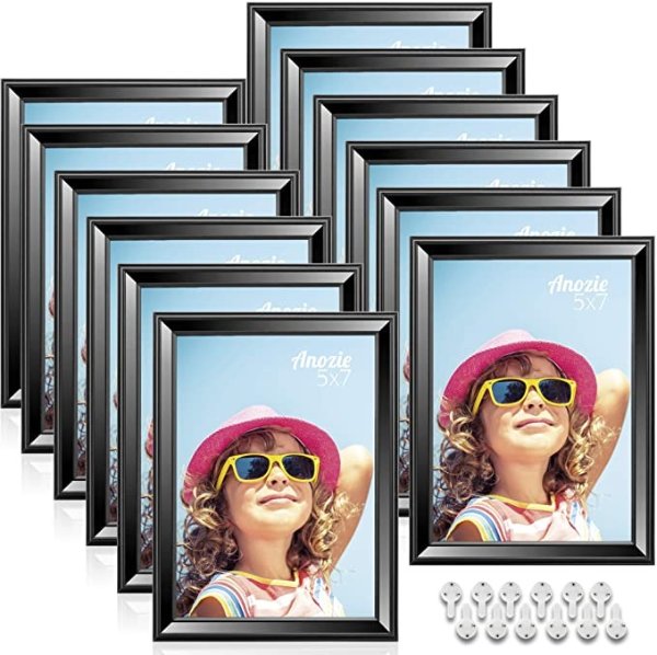 Anozie 5X7 Picture Frames(12 Pack,Black) Simple Line Moulding Photo Frame Set with HD Real Glass for Tabletop or Wall Mount Display, Minimalist Collection (Black, 5X7)