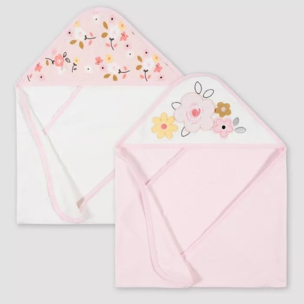 Baby Girls&#39; 2pk Bunny Terry Hooded Bath Towel - Pink