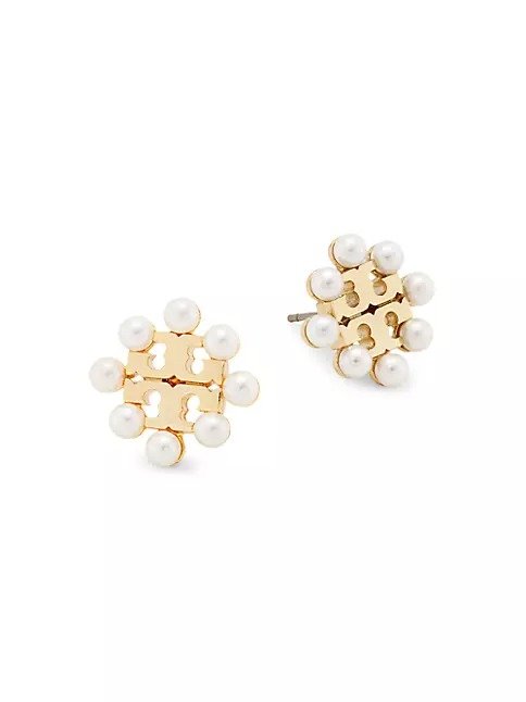 Kira 18K-Gold-Plated & Cultured Pearl Logo Stud Earrings