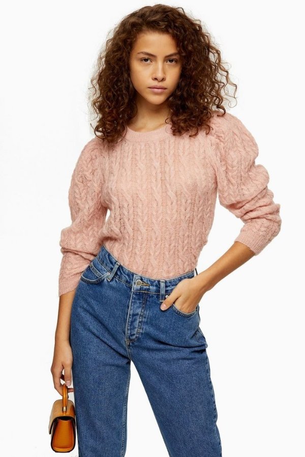 Knitted Pink Gauzy Cable Crew Neck Sweater