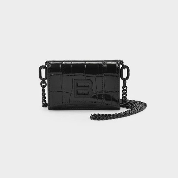 Mini Wallet On Chain in Black Croc Embossed Leather