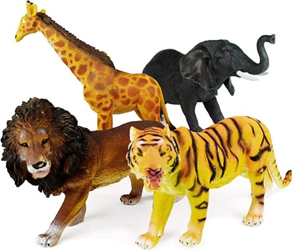 4 Piece Jumbo 11" Safari Animals Set - Large Zoo Animals and Jungle Animals Set - Includes Elephant, Giraffe, Lion, and Tiger - Ideal Educational Toy for Kids, Children, Toddlers