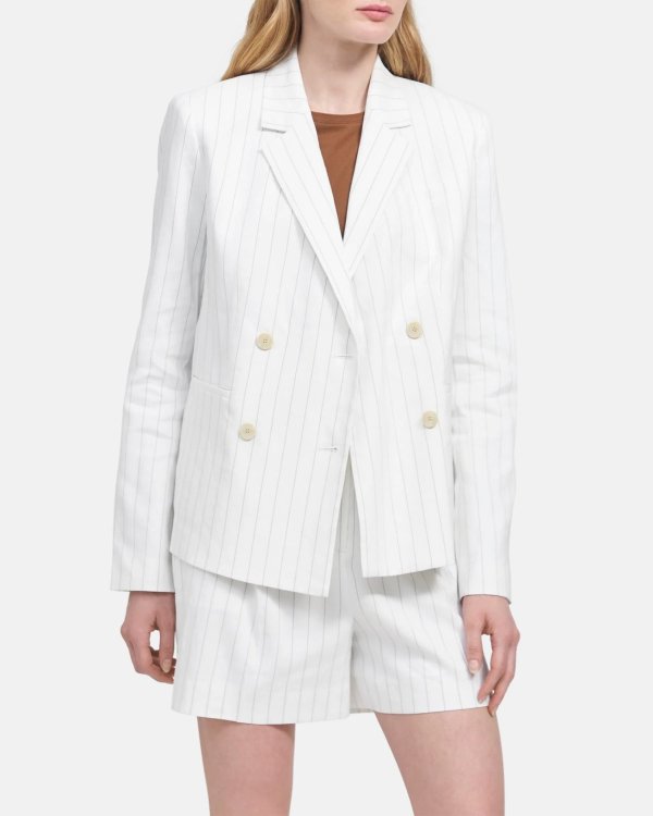 Double-Breasted Blazer in Striped Linen