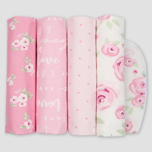 Baby Girls&#39; 4pk Floral Flannel Blanket - Pink/Off-White