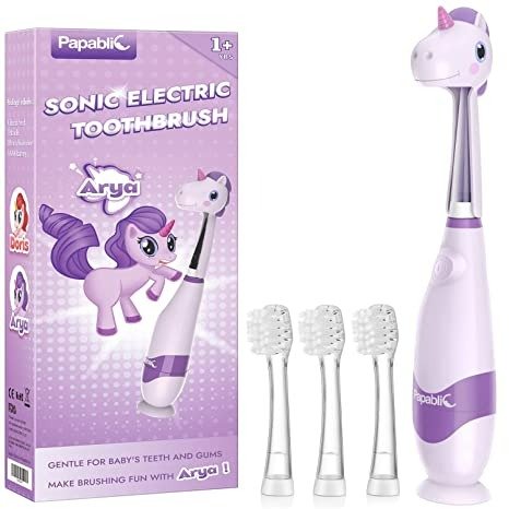 Baby Sonic Electric Toothbrush, Toddler Toothbrush for Ages 1-3 Years with Cute Unicorn Cover and Smart LED Timer, 4 Brush Heads (Arya)