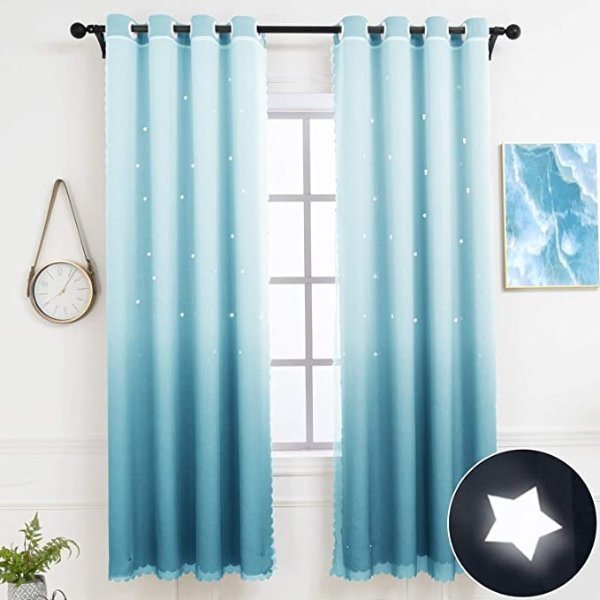 Hughapy Star Curtains Ombre Curtain for Kids Girls Bedroom - Tulle Overlay Star Cut Out Curtains Mix and Match Curtains for Living Room, Room Darkening Window Curtains, 1 Panel - (52W x 63L, Blue)