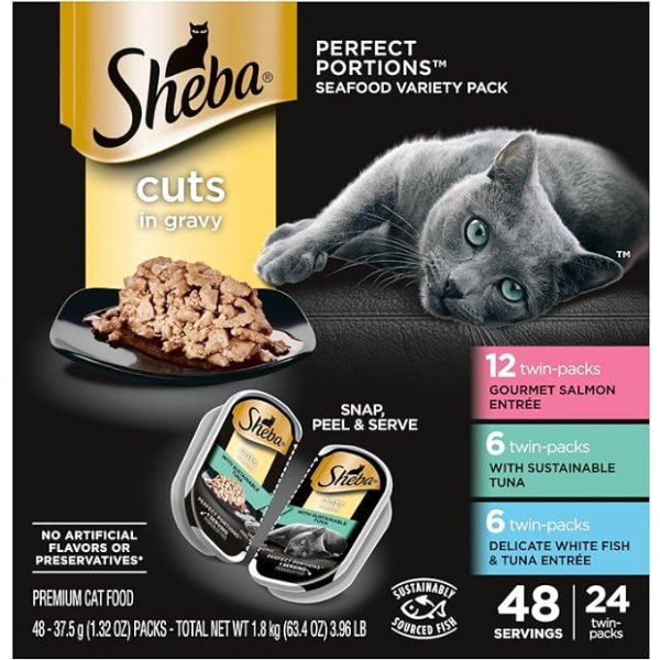 PERFECT PORTIONS Wet Cat Food Cuts in Gravy Salmon, Tuna, Whitefish & Tuna Entrees Variety Pack, (24) 2.6 oz. Twin-Pack Trays, Gift for Your Cat