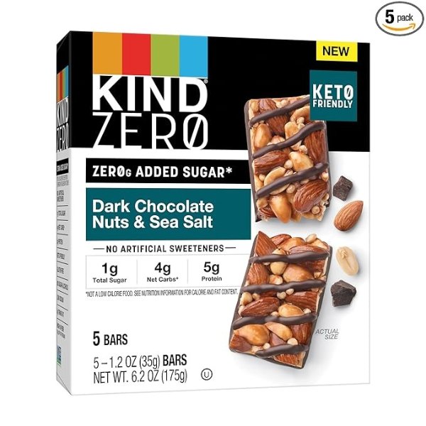 ZERO Added Sugar Bars, Keto Friendly Snacks, Dark Chocolate Nuts and Sea Salt, 6.2oz Box (5 Bars)