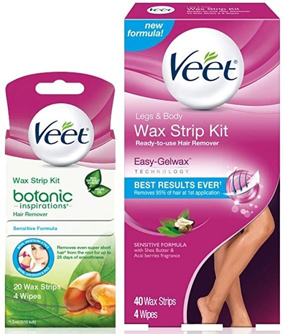 Hair Removal Kit, Veet Leg & Body Wax Strip Kit (40 Ct.) & Veet Botanic Inspirations Sensitive Formula Wax Strip Kit 20 Wax Strips and 4 Wipes- for Bikini, Underarm, Face & Body