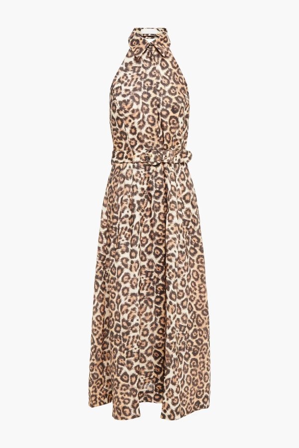 Bonita belted leopard-print linen halterneck midi dress