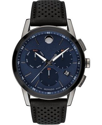 Men's Swiss Chronograph Museum Black Perforated Leather Strap Watch 43mm
