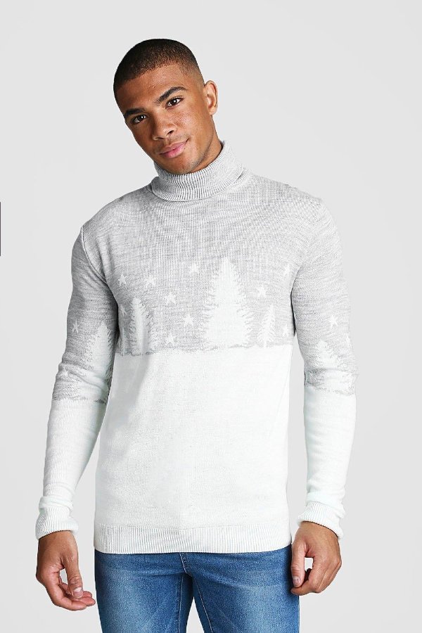 Muscle Fit Forest Roll Neck Christmas Jumper - boohooMAN