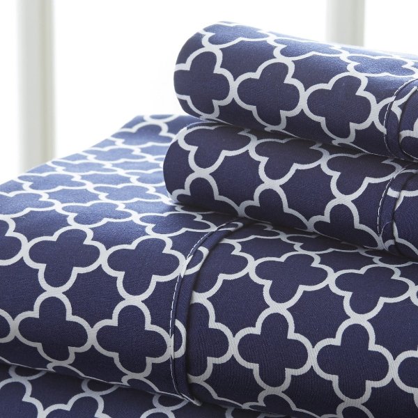 The Home Spun Premium Ultra Soft Quatrefoil Pattern 4-Piece Queen Bed Sheet Set - Navy