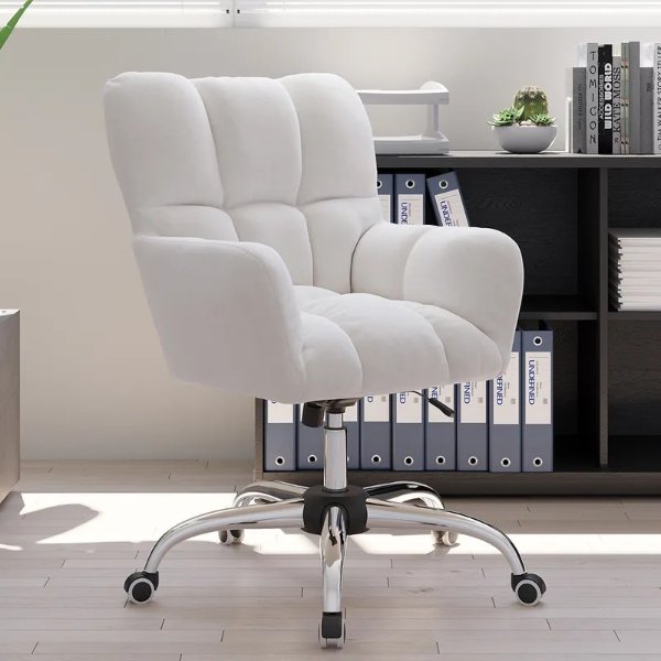 Modern White Office Chair Upholstered Cotton & Linen Swivel Task Chair Height Adjustable-Homary