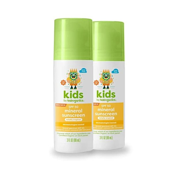 SPF 50 Kids Mineral Sunscreen Roller Ball, Totally Tropical | UVA UVB Protection | Octinoxate & Oxybenzone Free | Water Resistant | 2 Pack (3 ounce)