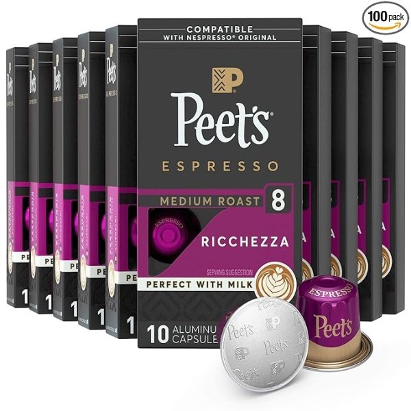 EspressoCapsules Ricchezza, Intensity 8, 100 Count Single Cup Coffee Pods Compatible with Nespresso Original Brewers