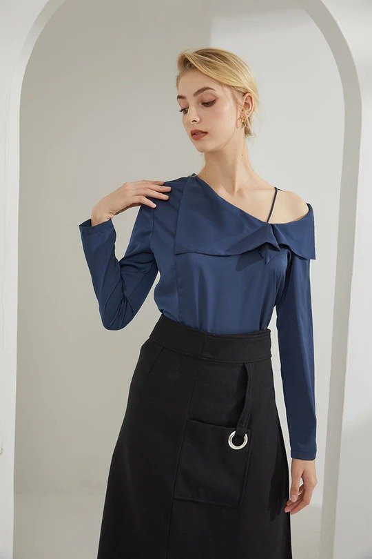 Midnight Blue One-Shoulder Silky Blouse