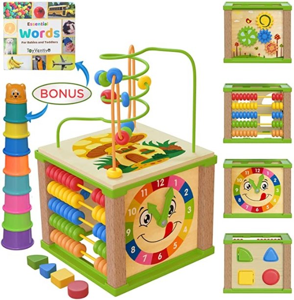 Wooden Kids Baby Activity Cube - Boys Gift Set | One 1, 2 Year Old Boy Gifts Toys | Developmental Toddler Educational Learning Boy Toys 12-18 Months | Bead Maze, First Birthday Gift