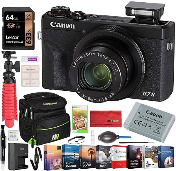 Canon PowerShot G7 X Mark III 20.1MP 4K Digital Camera with 4.2X Optical Zoom Lens 24-100mm f/1.8-2.8 Black 3637C001 Bundle with Deco Gear Travel Case + 64GB Card + Compact Tripod Accessory Kit