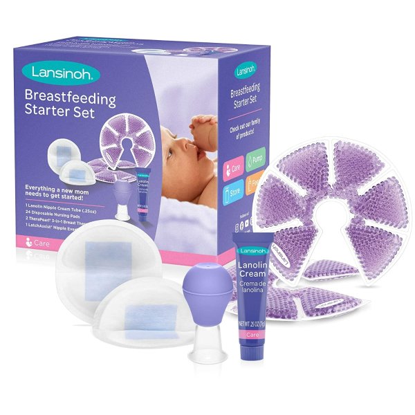 Breastfeeding Starter Set for Nursing Mothers includes, 1 Lanolin Nipple Cream, 24 Stay Dry Disposable Nursing Pads, 2 TheraPearl Breast Therapy Packs and 1 LatchAssist Nipple Everter