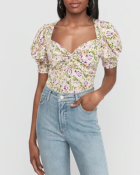 Floral Twist Front Puff Sleeve Top