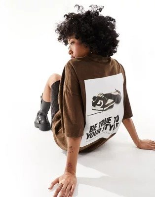 Essentials oversized Dunk back print T-shirt in washed brown
