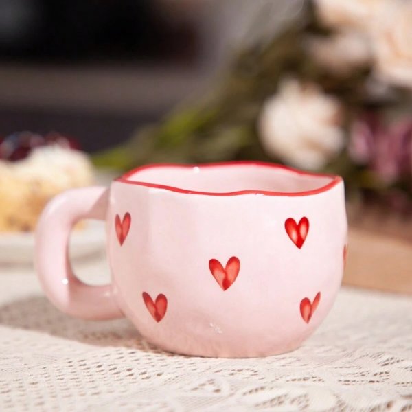1pc 9.5 Oz Valentine'S Day Love Heart Mug, Romantic Ceramic Coffee Cup, 280ml Holiday Drinkware, Valentines Birthday Gifts For Couples Her Boyfriend Girlfriend,Design For Office And Home, Dishwasher And Microwave Safe