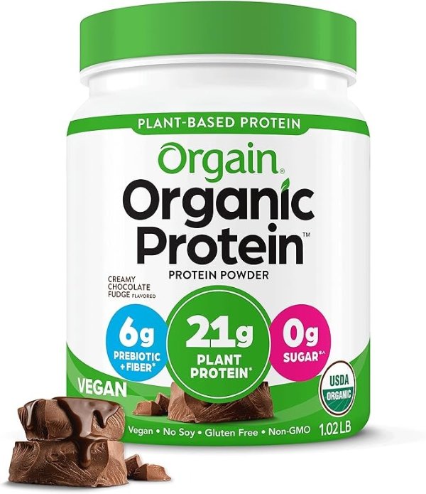 Organic Vegan Protein Powder, Creamy Chocolate Fudge - 21g Plant Based Protein, Gluten Free, Dairy Free, Lactose Free, Soy Free, No Sugar Added, Kosher, For Smoothies & Shakes - 1.02lb