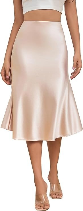 ALCEA ROSEA Womens Satin High Waisted Silk A-line Wedding Elegant Elastic Midi Skirt