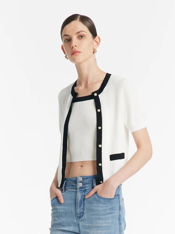 Contrast Trim Knitted Cardigan And Camisole Two-Piece Set