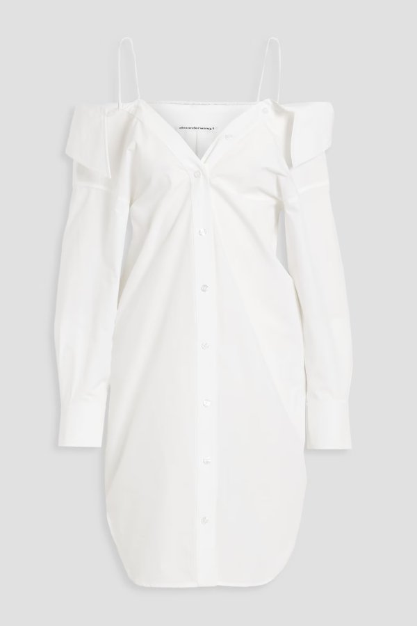 Cold-shoulder cotton-poplin mini shirt dress