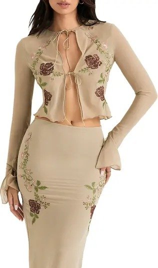 Asra Floral Embroidered Tie Front Mesh Top
