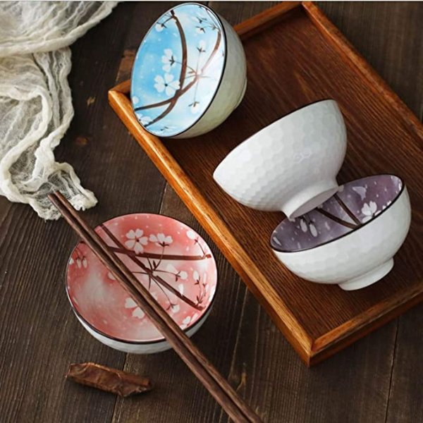 Mose China ~ Set of 4, Japanese Style Ceramic Rice Bowl Assorted Designs and Color with Phum Flowers Underglazed Dinnerware Ideal For Dessert Snack Cereal Soup in Gift Box